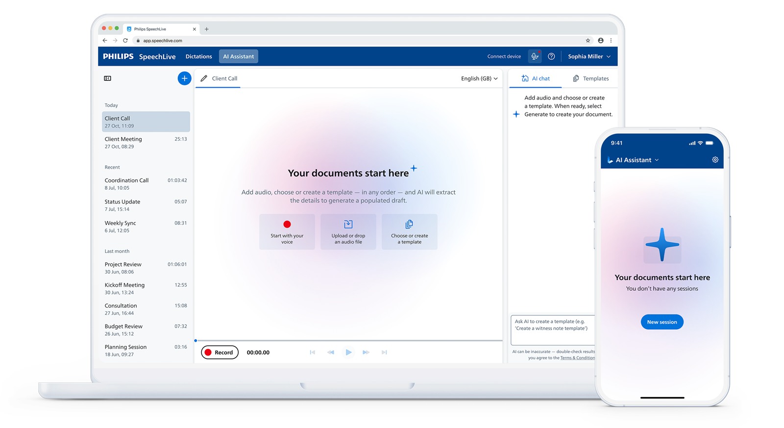 SpeechLive Professional AI-assistent i nettleser og mobil